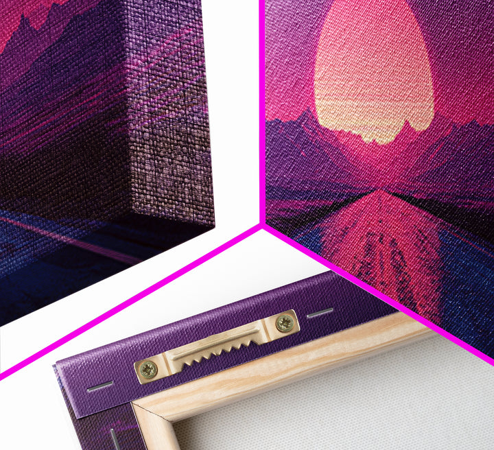Magenta Desert Road Wall Art, Retro Futuristic Mountain Sunset Canvas Print, Synthwave Decor, Large Horizontal Wall Art Print