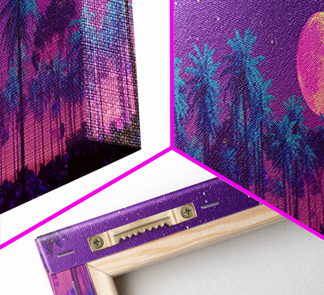 Magenta Moonlit Palm Forest Wall Art, Tropical Night Landscape, Celestial Decor, Purple Jungle, Boho Bedroom Wall Decor, Canvas Print