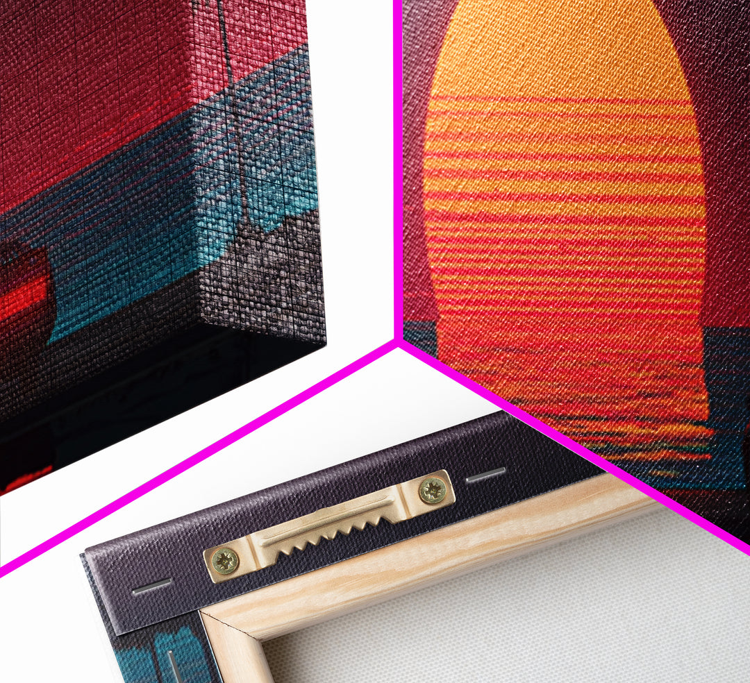 Retro Car At Neon Ocean Sunset Canvas Print, Synthwave Wall Art, Vaporwave Beach Decor, Masculine Office Art Gift For Him