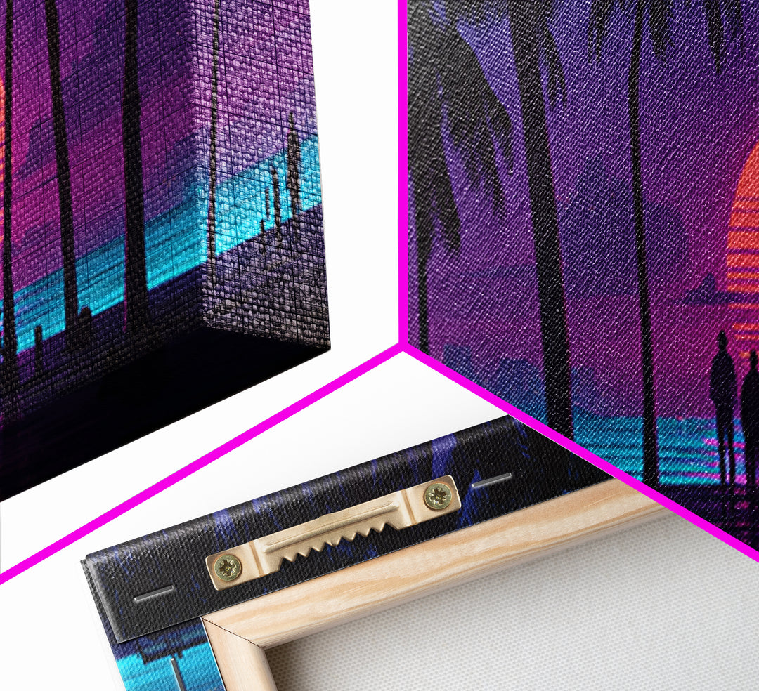 Retro Tropical Beach Sunset Canvas Print, Palm Tree Wall Art, Coastal Wall Decor, Purple Pink Modern Bedroom Wall Art Print