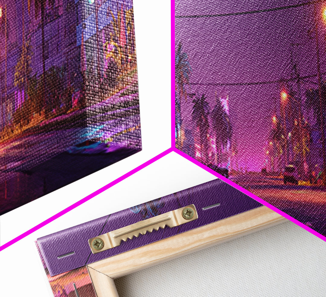 Neon Palm Street At Dusk Canvas Print, Retro Miami Cityscape, Cyberpunk Wall Art, Vaporwave Decor For Living Room Modern Home Decor