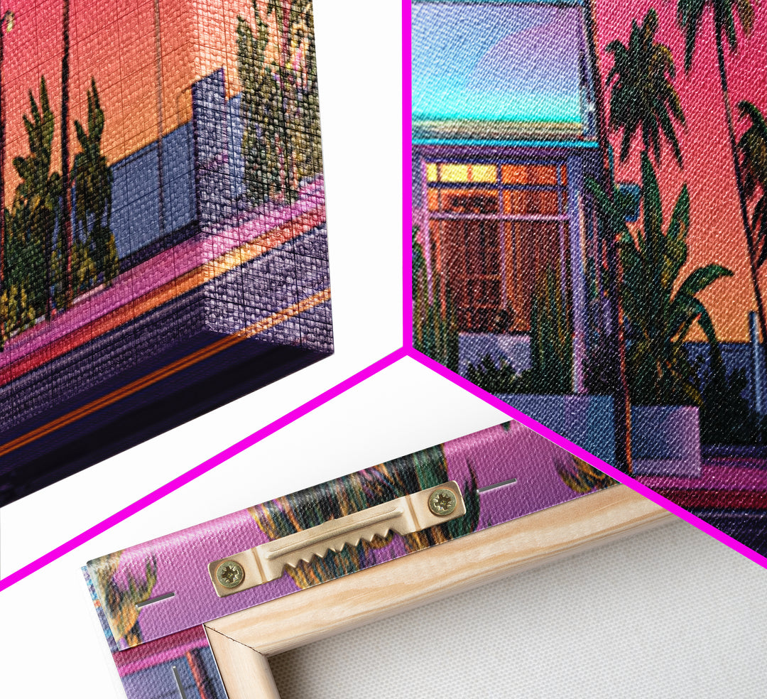 Neon Pink Hotel Facade Wall Art, Retro Miami Palm Canvas Print, Tropical Travel Poster Decor, Coastal Motel Room Print Home Decor Gift