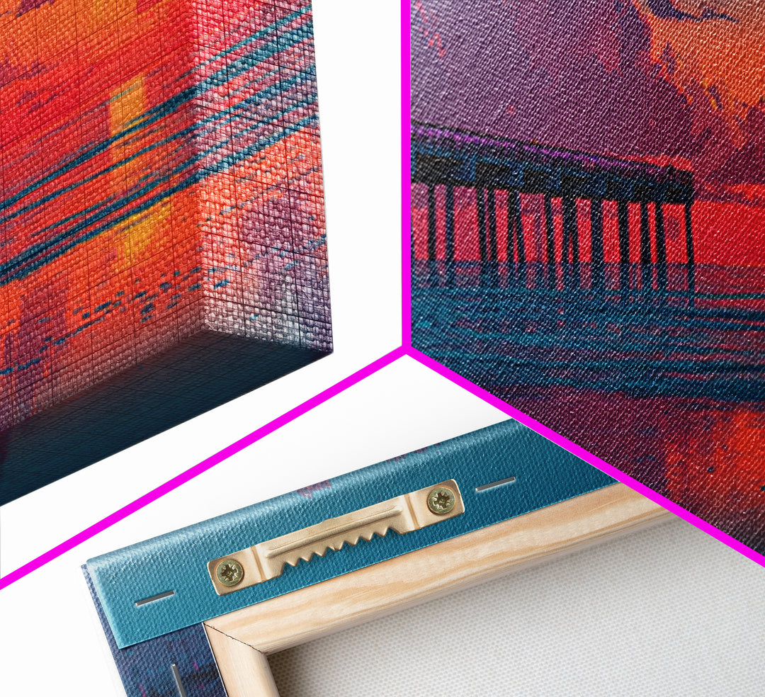 Sunset Pier Ocean Reflection Canvas Print, Coastal Wall Art, Beach House Decor, Seascape Painting, Nautical Living Room Art