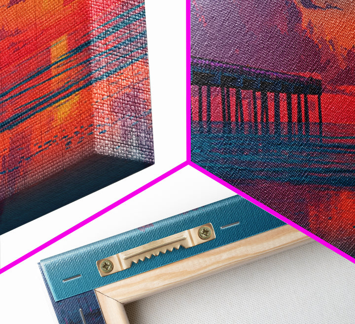 Sunset Pier Ocean Reflection Canvas Print, Coastal Wall Art, Beach House Decor, Seascape Painting, Nautical Living Room Art