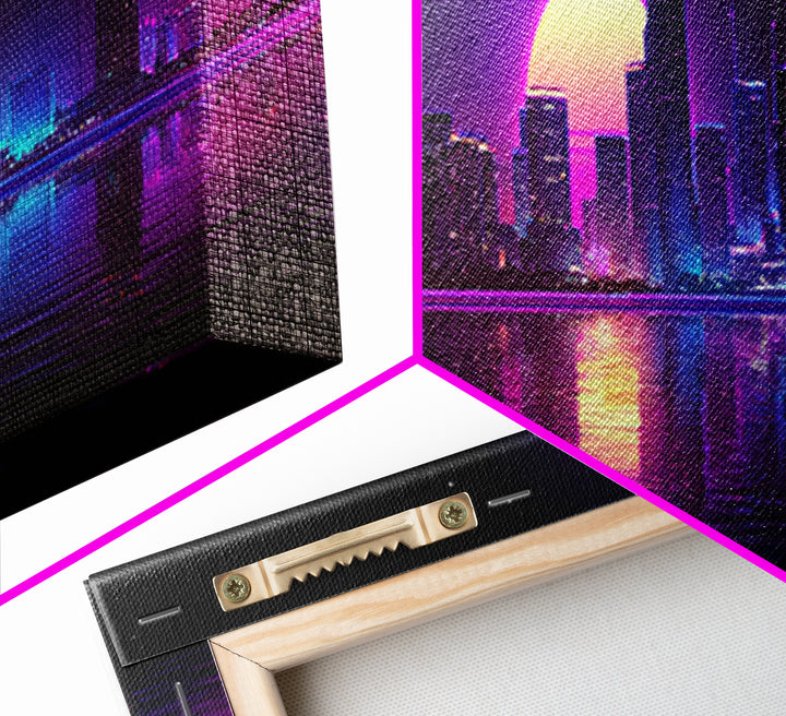 Neon City Skyline Moonrise Canvas Print, Purple Cyberpunk Wall Art, Miami Nightscape, Vaporwave Living Room Modern Home Decor