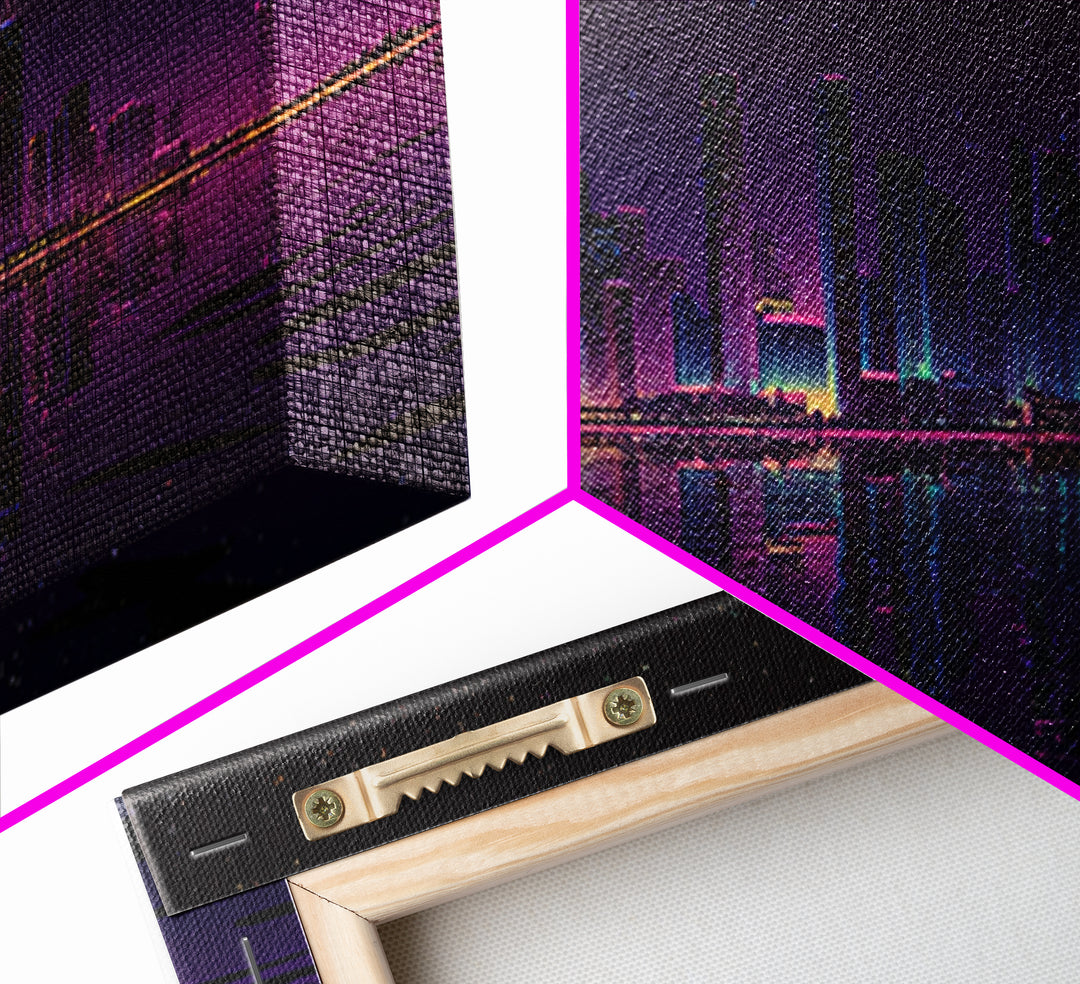 Starry Purple City Skyline Canvas Print, Panoramic Urban Night Wall Art, Modern Office Decor, Large Cityscape Poster Print