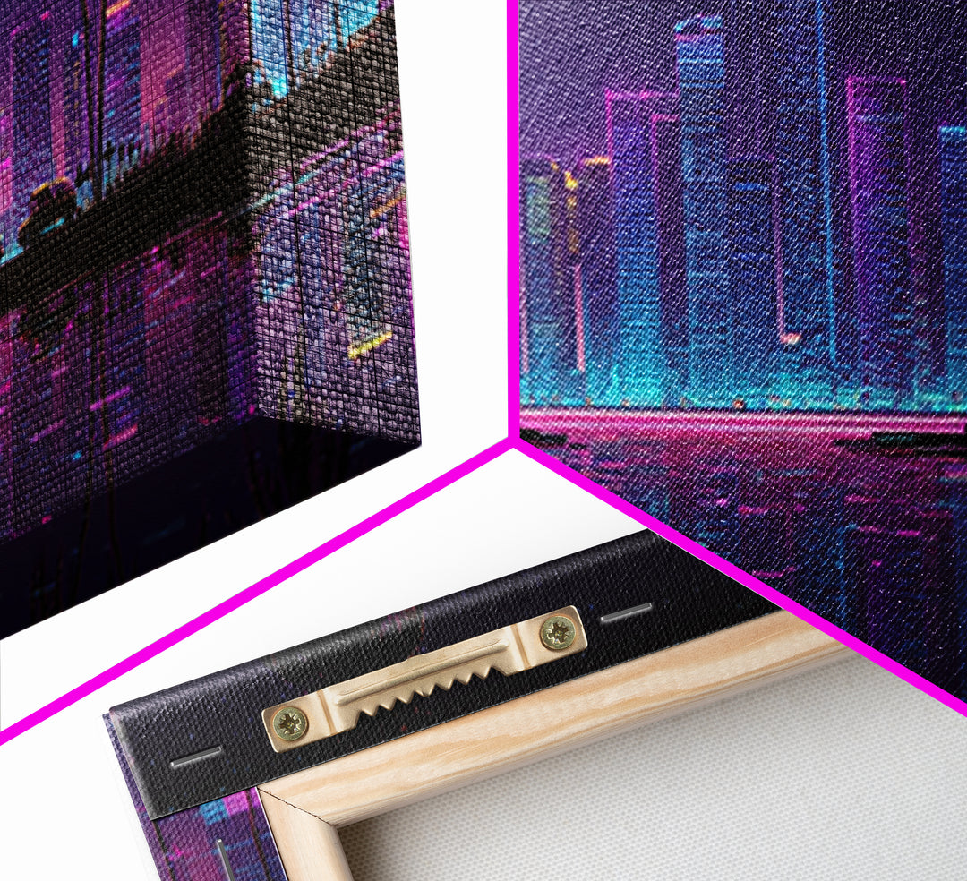 Neon Tropical City Skyline Canvas Print, Cyberpunk Wall Art With Palm Trees, Vaporwave Decor For Gaming Room And Apartment Decor