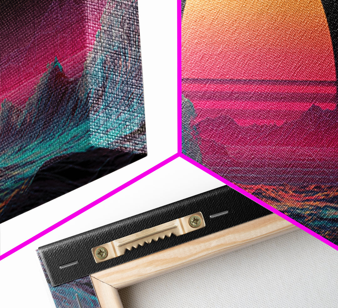 Retro Synthwave Ocean Sunset Wall Art, Neon Seascape Print, Vaporwave Coastal Decor, Futuristic Waves, Modern Gaming Room Art