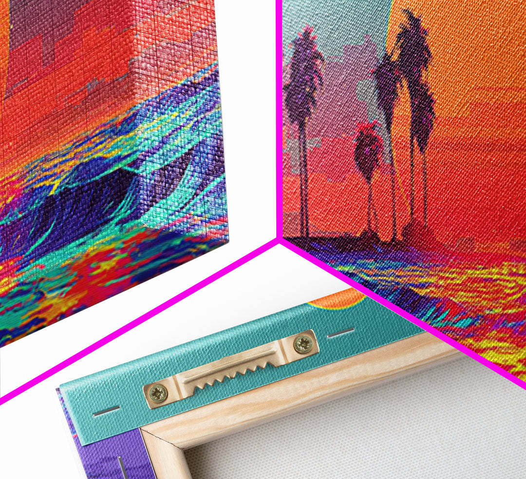 Neon Tropical Sunset Ocean Palms Canvas Print, Retro Vaporwave Wall Art, Coastal Decor, Beach House, Living Room Decor, Art Print