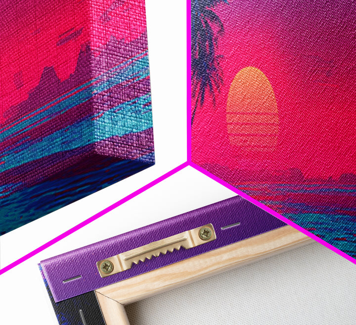 Tropical Palm Beach Sunset Wall Art, Neon Coastal Canvas Print, Pink Ocean Decor, Retro Island Housewarming Gift For Her