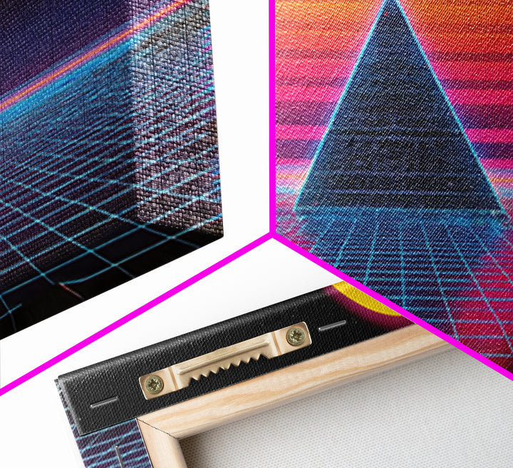 Neon Pyramid Grid Wall Art, Retro Futuristic Space Canvas Print, Synthwave Gaming Room Decor, Vaporwave Statement Art Gift