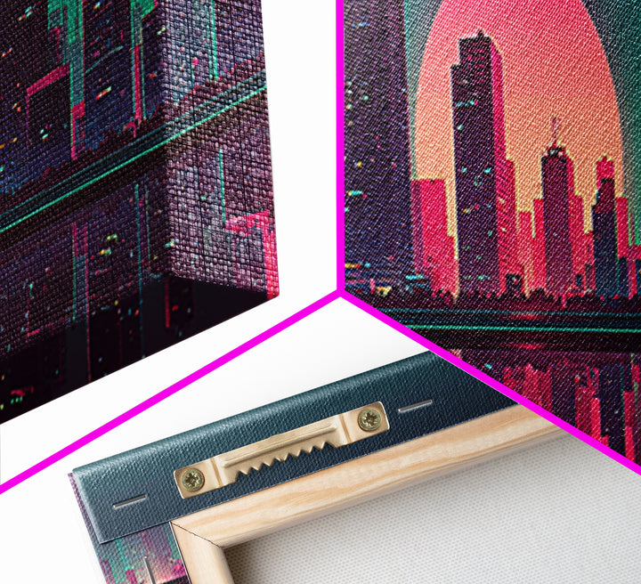 Neon City Skyline Reflection Canvas Print, Retro Futuristic Wall Art, Cyberpunk Office Decor, Modern Apartment Decor, Gift For Him