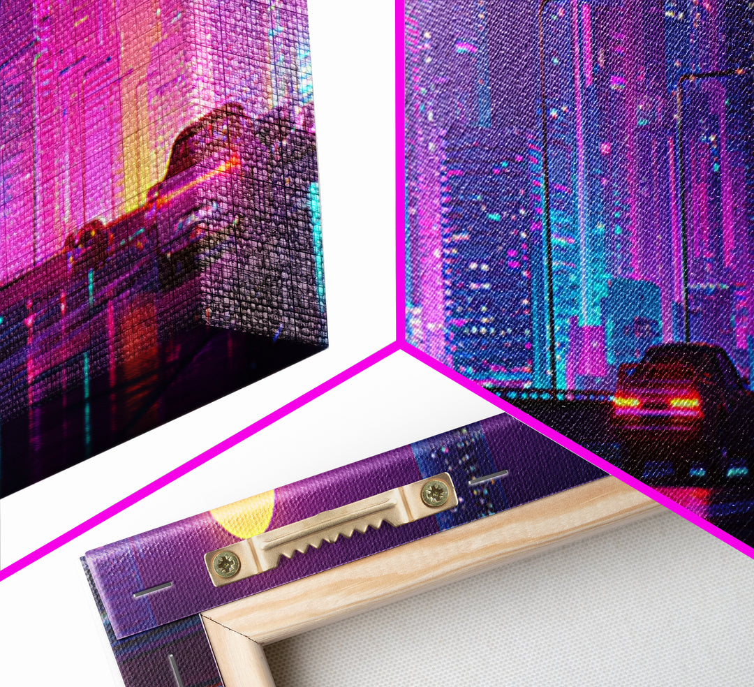 Cyberpunk Neon City Highway Canvas Print, Futuristic Car Wall Art, Synthwave Gaming Room Decor For Office And Man Cave Wall Decor
