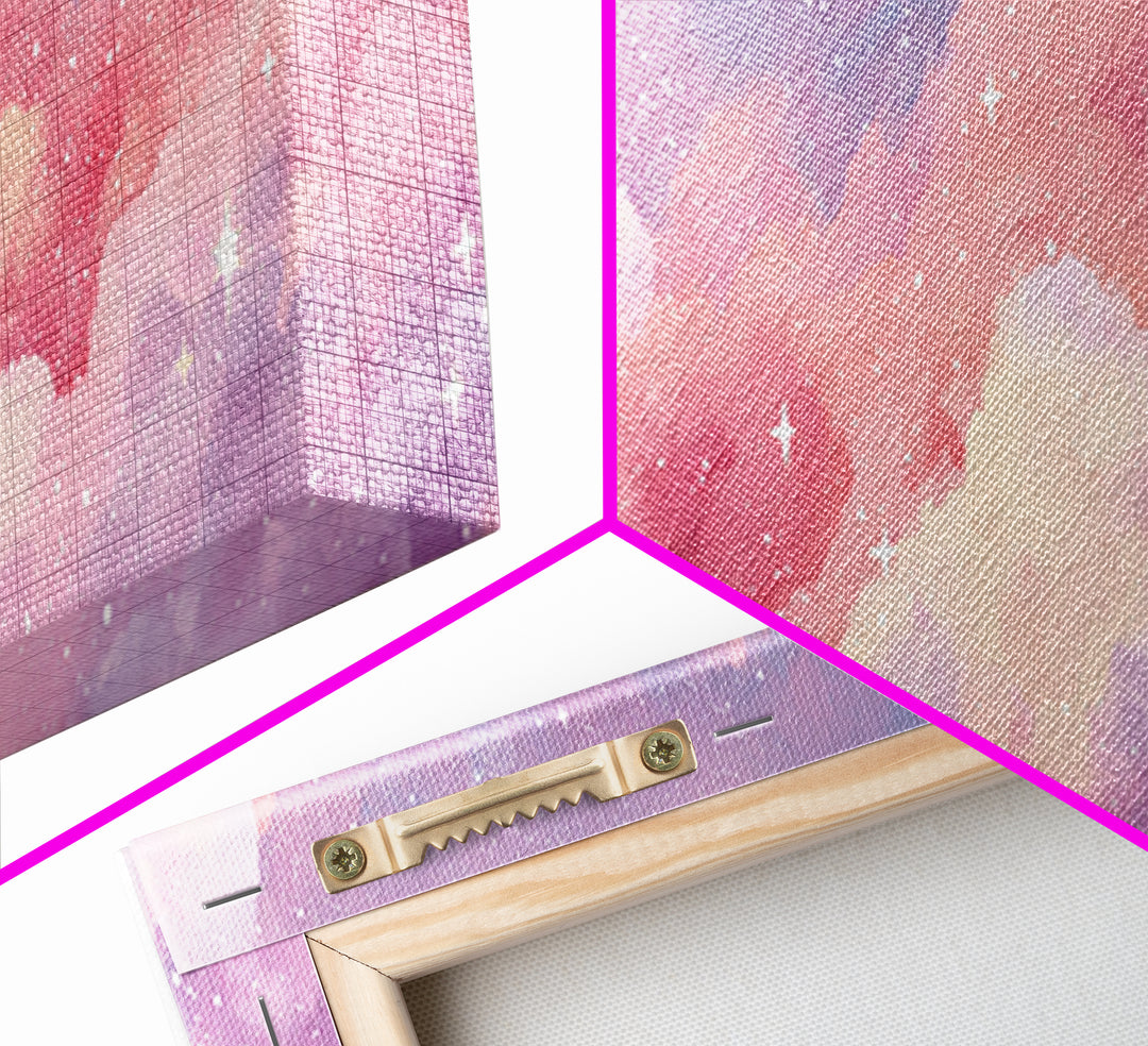 Pink Cotton Candy Clouds Wall Art, Dreamy Celestial Sky Print, Starry Nursery Decor, Pastel Bedroom Canvas Art Gift For Her