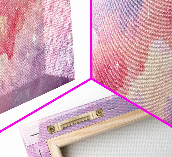Pink Cotton Candy Clouds Wall Art, Dreamy Celestial Sky Print, Starry Nursery Decor, Pastel Bedroom Canvas Art Gift For Her