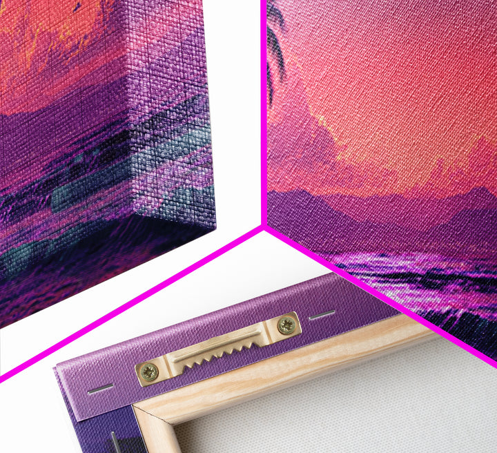 Tropical Purple Beach Sunset Wall Art, Palm Tree Ocean Landscape Canvas Print, Coastal Decor, Romantic Bedroom And Living Room Art