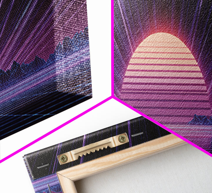 Retro Futuristic Sun Over Neon Lake Canvas Print, Synthwave Wall Art, Vaporwave Poster, Gaming Room Decor, Cyberpunk Gift
