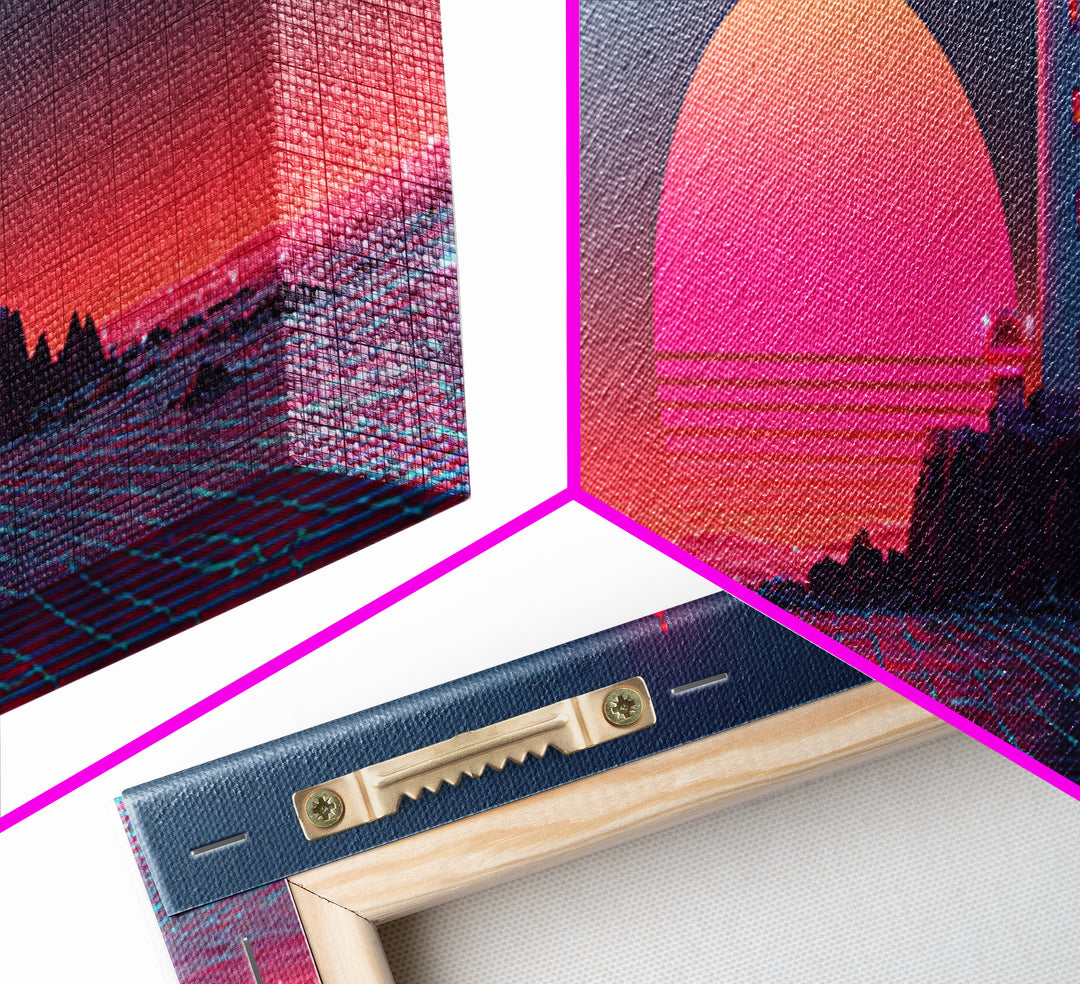 Neon Lighthouse Sunset Over Ocean, Synthwave Coastal Wall Art, Retro Futuristic Canvas Print, Large Beach House Decor, Wall Decor