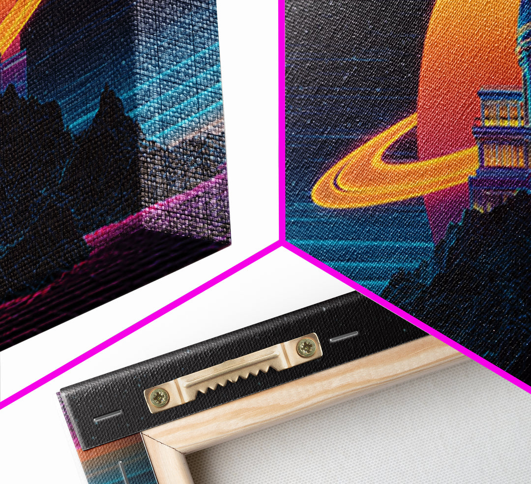 Retro Futuristic Observatory On Ringed Planet Canvas Print, Sci Fi Wall Art, Space Decor, Vaporwave Poster For Game Room