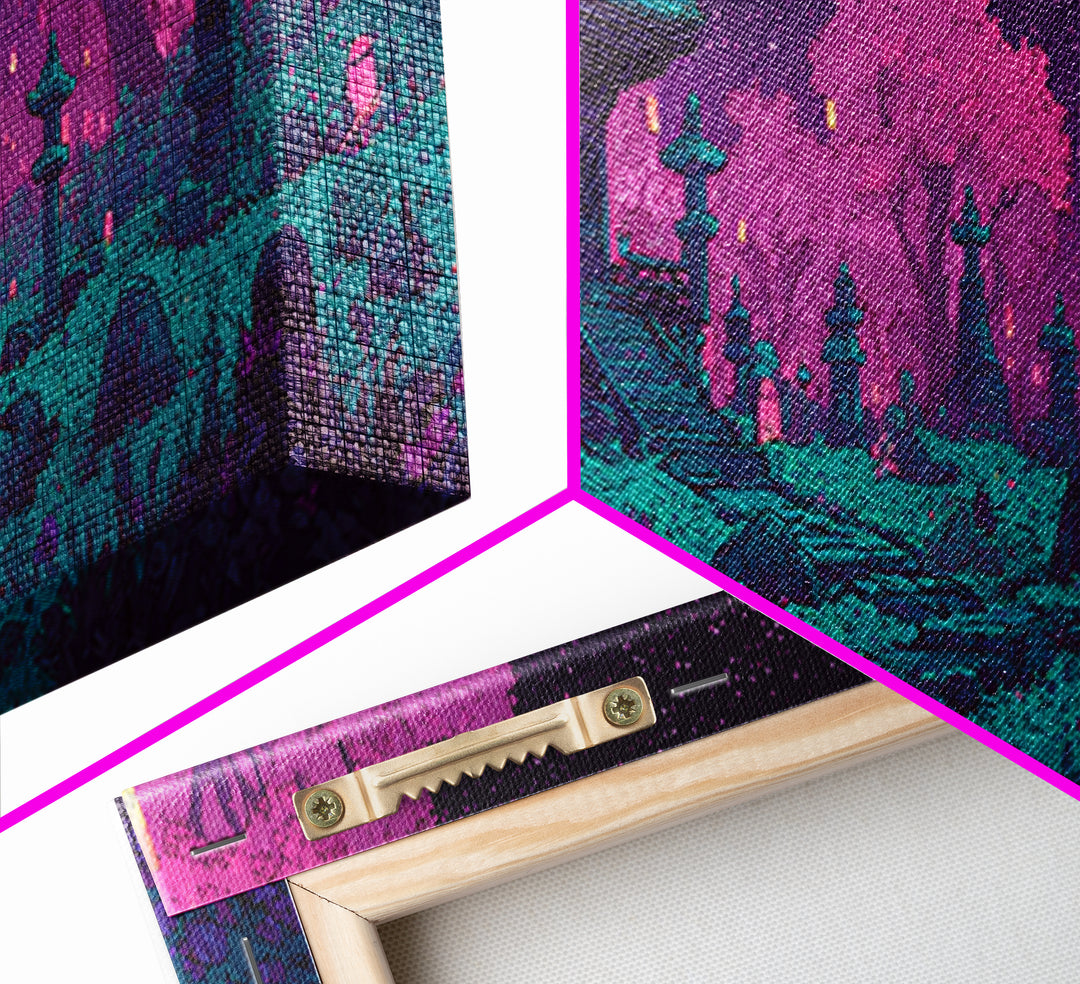 Pixel Art Cherry Blossom Shrine Wall Art, Japanese Garden Canvas Print, Whimsical Lantern Decor For Maximalist Room Wall Decor
