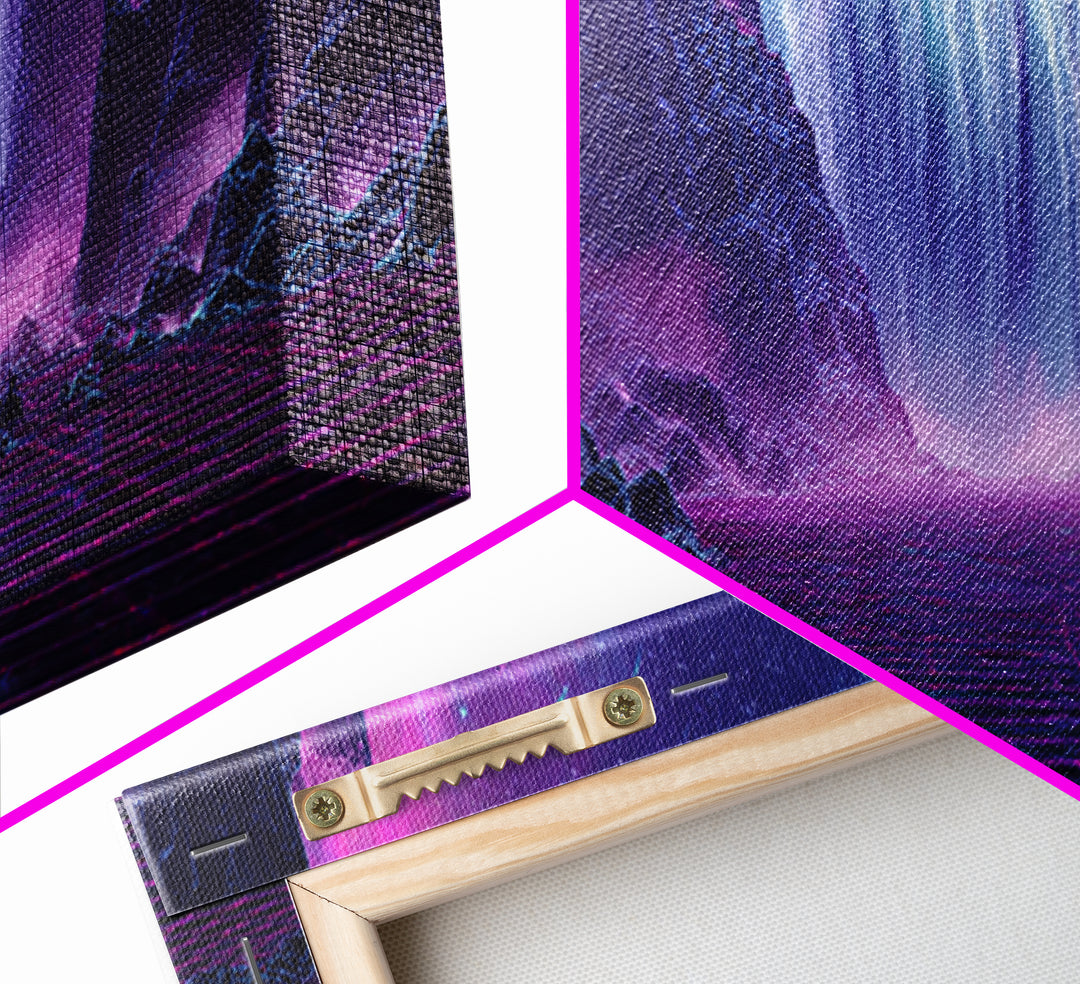 Alien Waterfall Galaxy Canvas Print, Futuristic Fantasy Landscape, Neon Sci Fi Wall Decor, Vibrant Space Art For Gamer Room