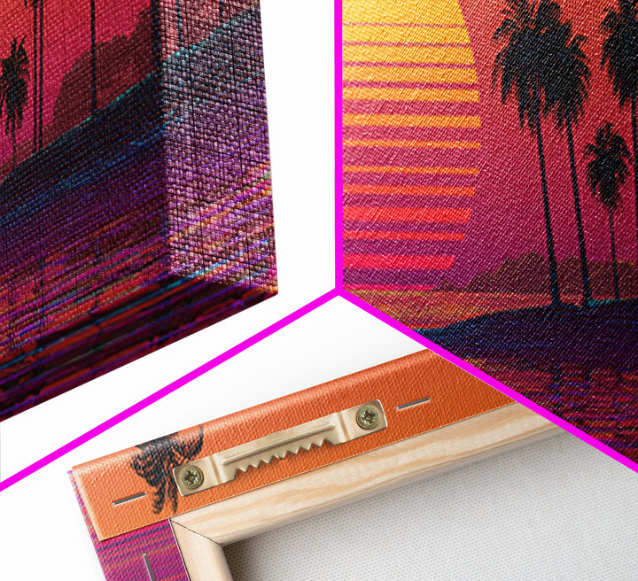 Retro Palm Beach Sunset Canvas Print, Tropical Ocean Wall Art, Vaporwave Coastal Decor For Living Room And Bedroom Wall Decor