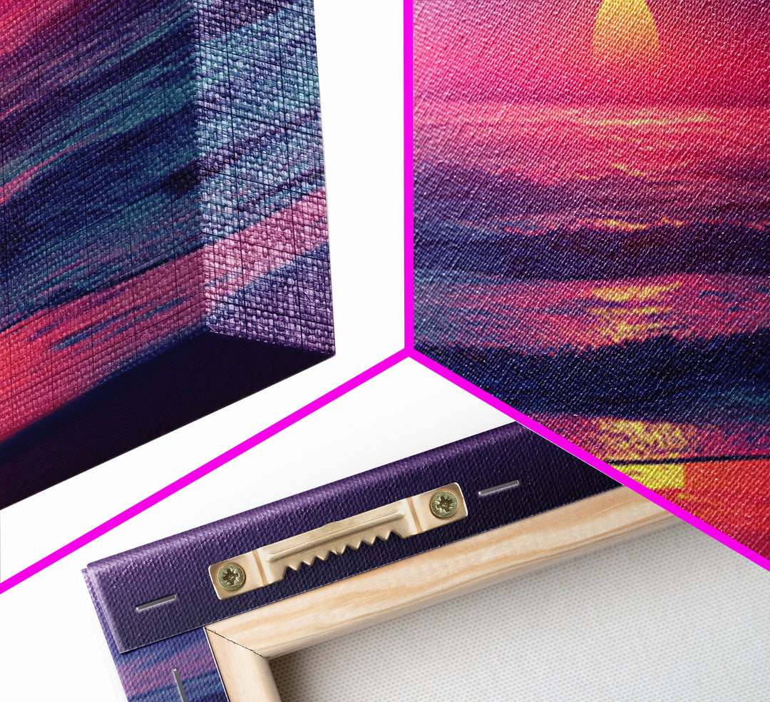 Pink Ocean Sunset Beach Canvas Print, Neon Seascape Wall Decor, Coastal Wall Art, Summer Beach House Living Room Decor Print