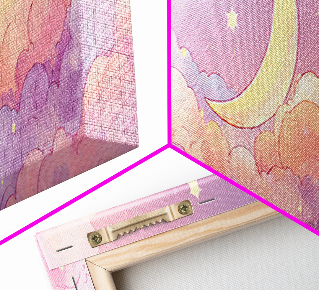 Cute Crescent Moon In Pastel Clouds Wall Art, Whimsical Celestial Nursery Decor, Pink Kids Room Canvas Print, Baby Shower Gift