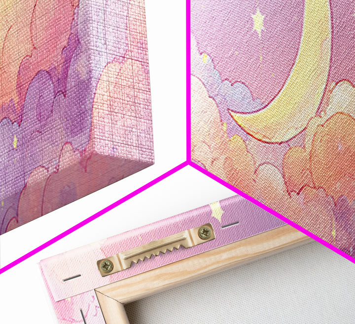 Cute Crescent Moon In Pastel Clouds Wall Art, Whimsical Celestial Nursery Decor, Pink Kids Room Canvas Print, Baby Shower Gift