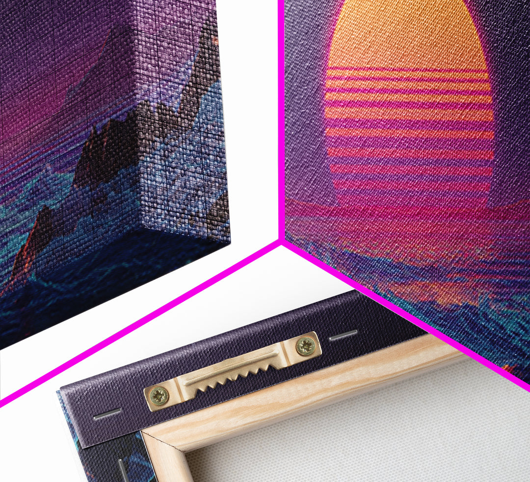 Neon Synthwave Sunset Over Alien Ocean Canvas Print, Retro Futuristic Wall Art, Vaporwave Coastal Bedroom Living Room Decor