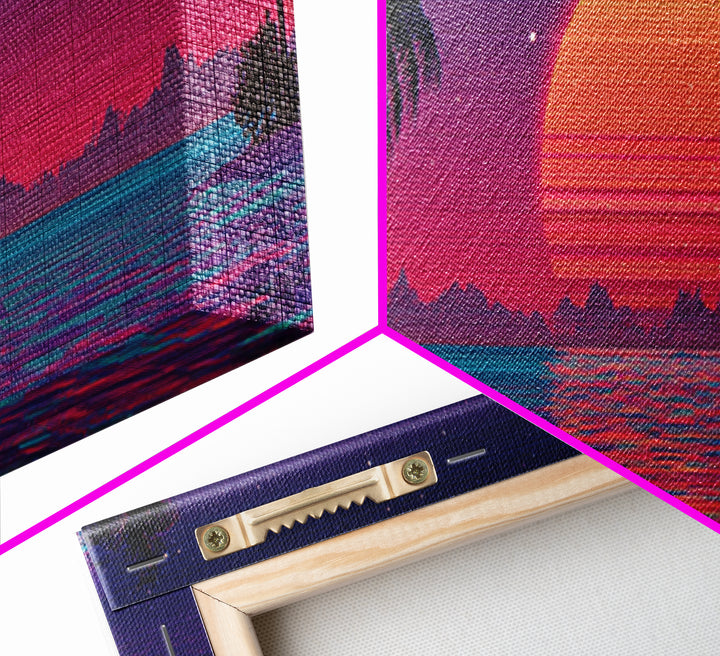 Neon Tropical Sunset With Palm Trees Wall Art, Retro Coastal Canvas Print, Beach House Decor, Large Panoramic Artwork For Living Room Decor