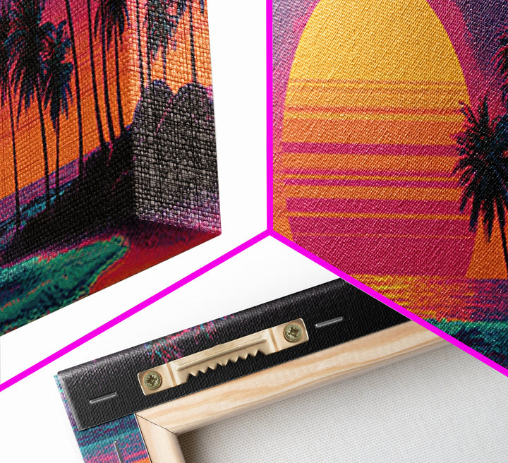 Vaporwave Palm Beach Sunset Wall Art, Retro Tropical Ocean Print, Neon Coastal Decor, Long Horizontal Canvas Print Poster