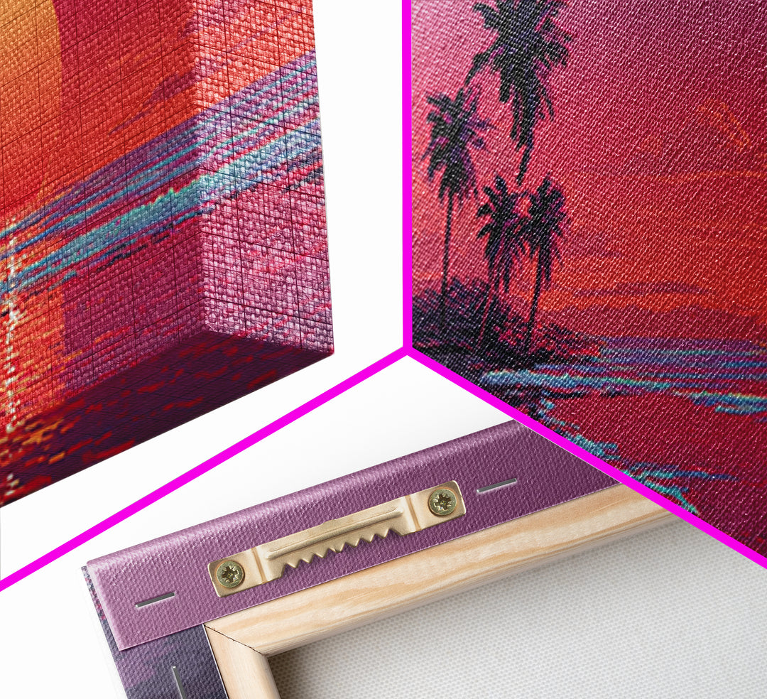 Tropical Palm Beach Sunset Wall Art, Pink Ocean Landscape, Coastal Canvas Decor, Large Horizontal Beach House Living Room Print