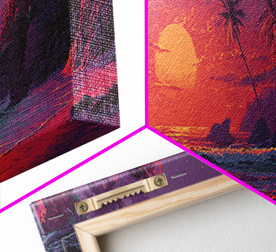 Vibrant Tropical Sunset Wall Art, Neon Palm Beach Seascape, Colorful Coastal Canvas Print, Island Living Room Home Decor Gift