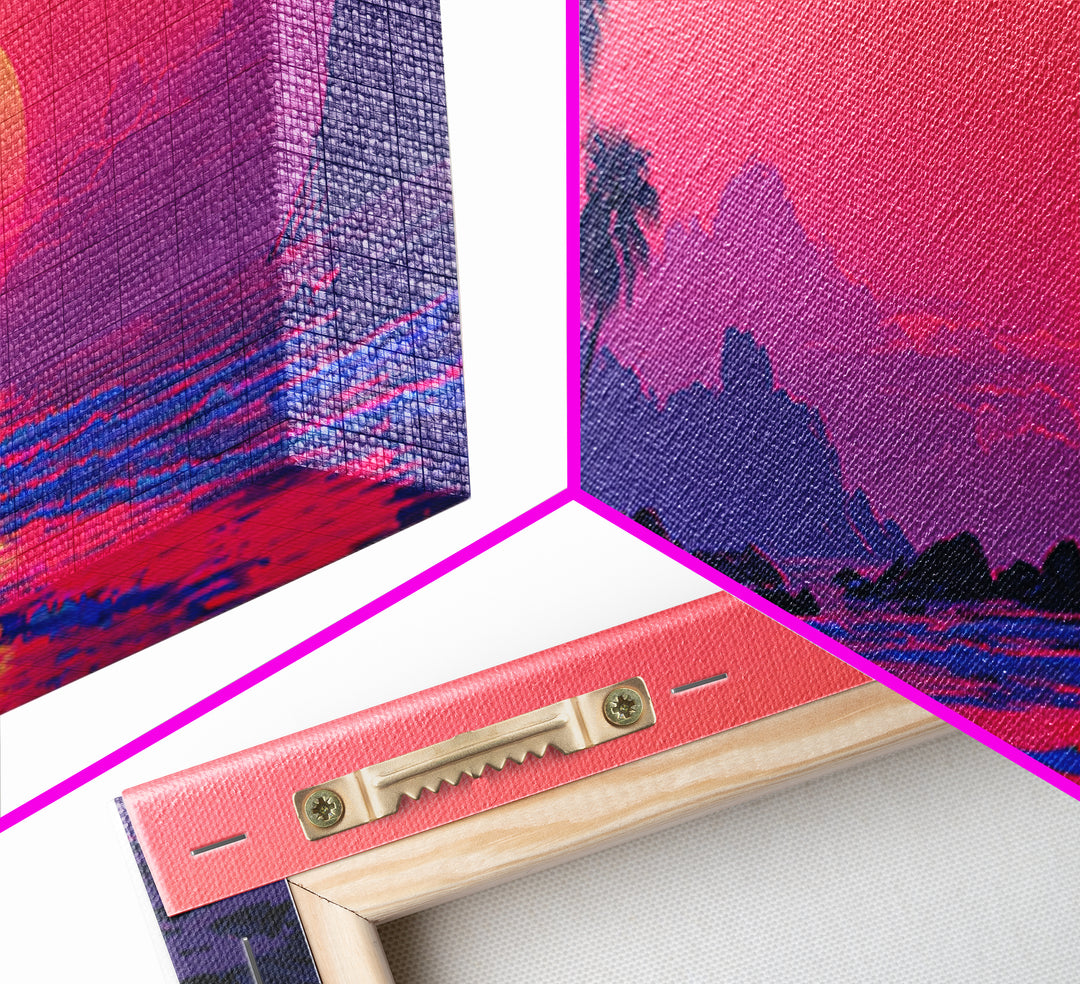 Magenta Tropical Cove Sunset Wall Art, Palm Island Ocean Landscape, Vaporwave Coastal Canvas Decor For Modern Living Room