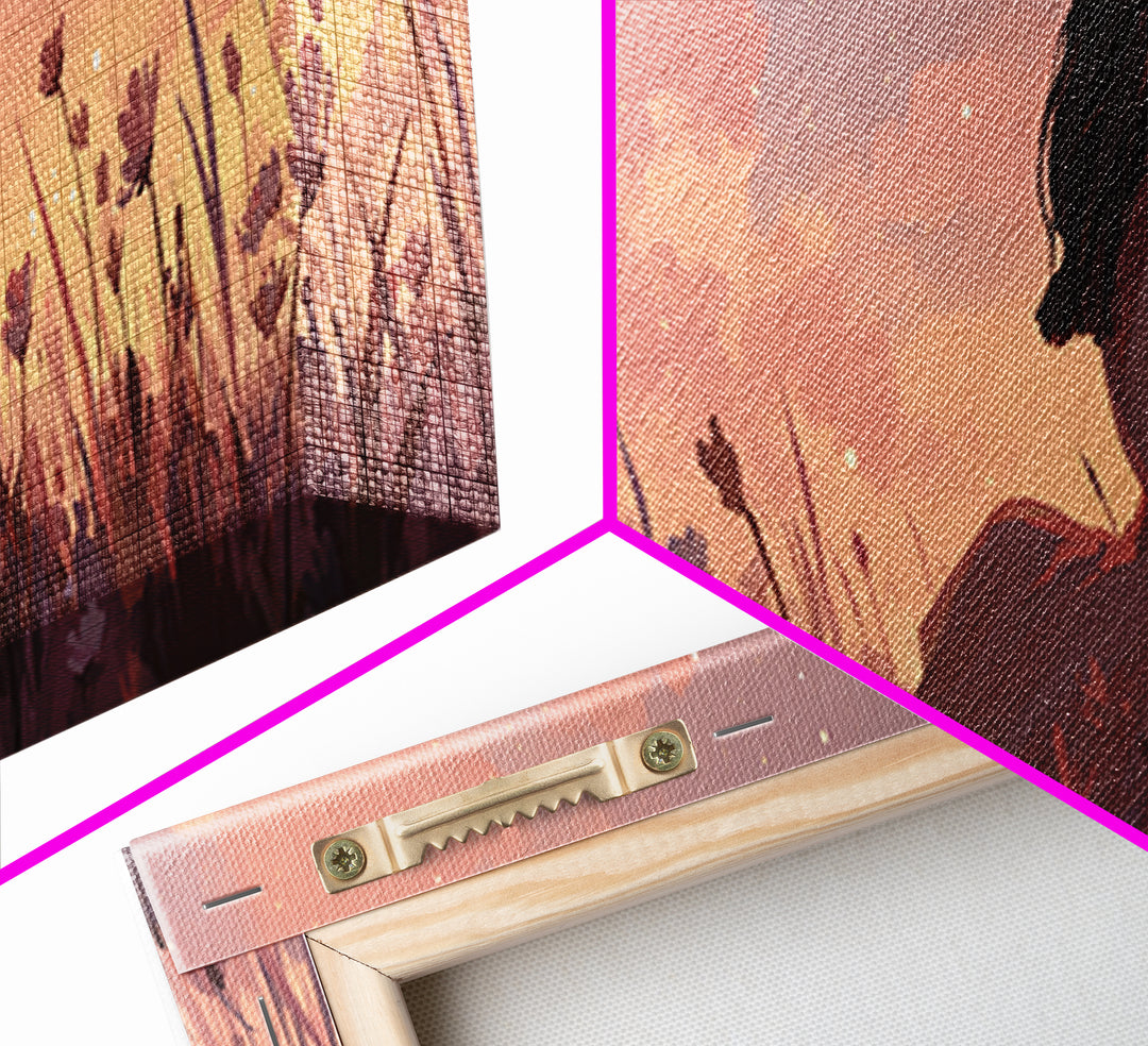 Sunset Girl In Wildflower Meadow Wall Art, Dreamy Feminine Landscape Print, Boho Bedroom Decor, Romantic Canvas Gift For Her