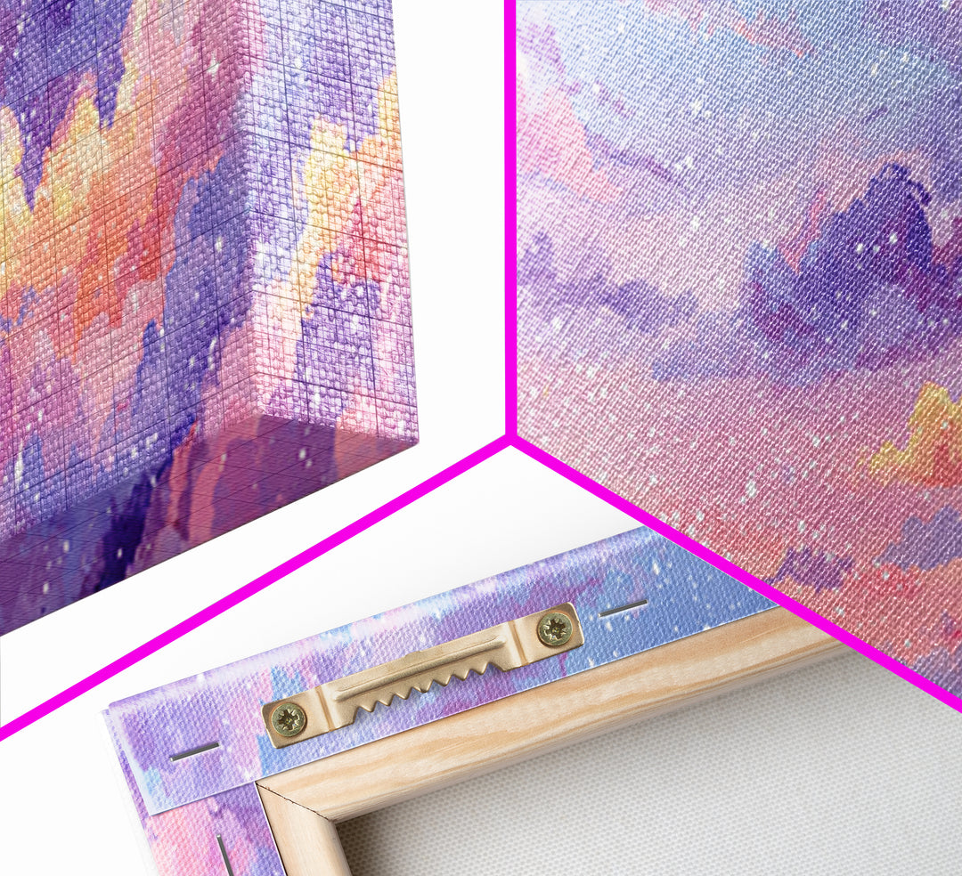 Pastel Starry Cloudscape Sunset Wall Art, Dreamy Sky Canvas Print, Whimsical Nursery Decor, Soft Aesthetic Bedroom Print