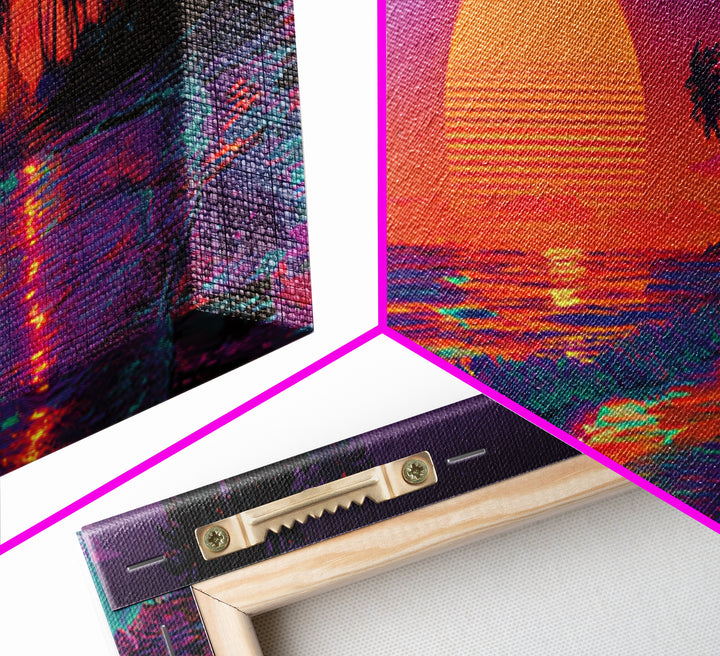 Tropical Sunset Beach With Palms And Waves, Coastal Wall Art, Retro Vaporwave Canvas Print, Beach House Decor, Large Wall Art