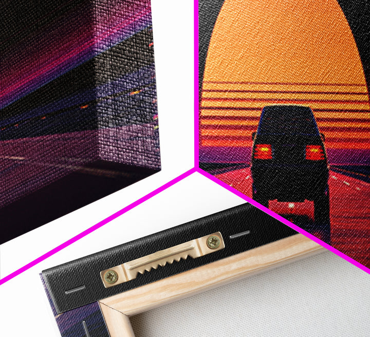 Retro Car Driving Into Striped Sunset, Synthwave Canvas Print, Vaporwave Wall Art, Man Cave Decor, Gift For Him, Retro Poster