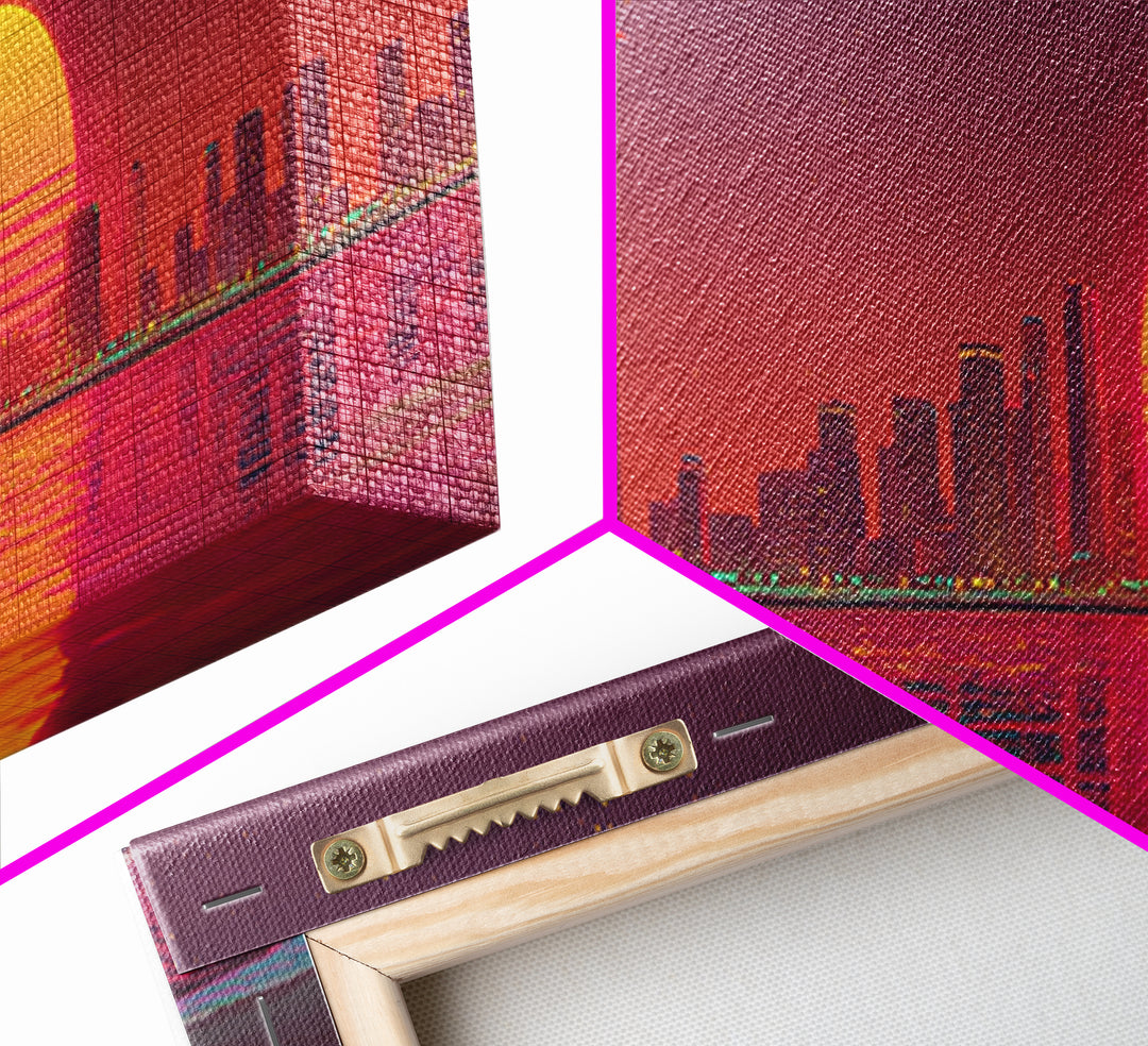 Retro Sunset City Skyline With Palm Trees Canvas Print, Synthwave Wall Art, Coastal Decor, Vaporwave Living Room Wall Decor