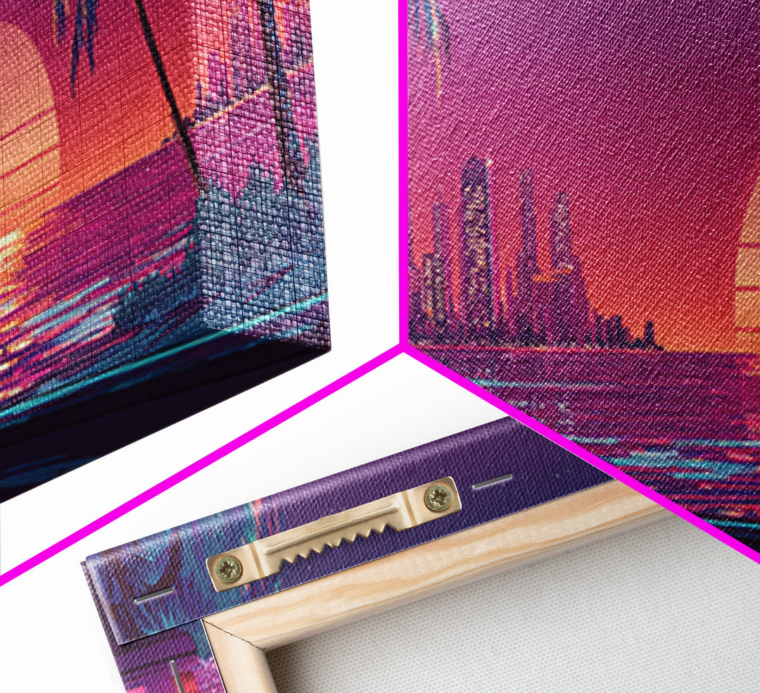Neon Retro Sports Car On Palm Coast Canvas Print, Vaporwave City Wall Art, Synthwave Decor, Gift For Him, Man Cave Decor