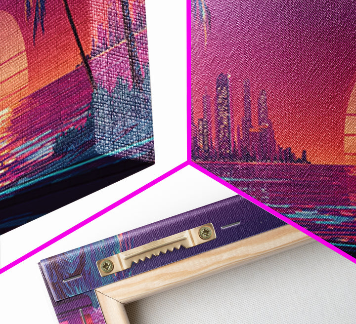 Neon Retro Sports Car On Palm Coast Canvas Print, Vaporwave City Wall Art, Synthwave Decor, Gift For Him, Man Cave Decor