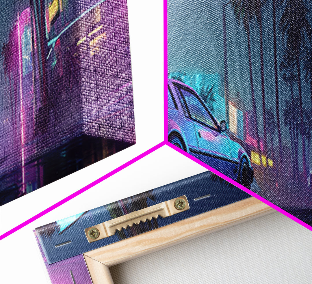 Neon Cyberpunk Sports Car Canvas Print, Futuristic Neon City Wall Art, Synthwave Gaming Room Decor, Vaporwave Gift For Him