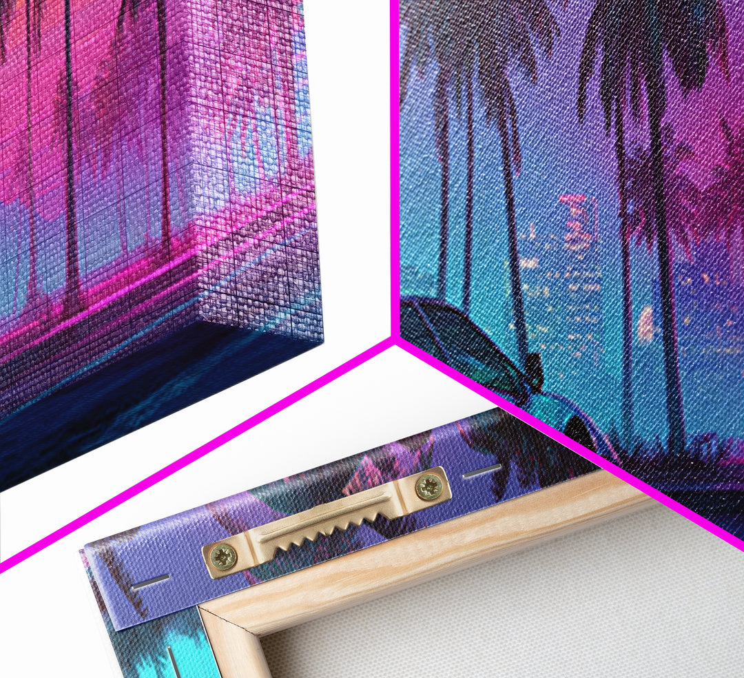 Neon Sports Car Under Palm Trees Wall Art, Cyberpunk Cityscape Canvas, Retro Futurism Decor, Gaming Room Wall Decor, Home Decor