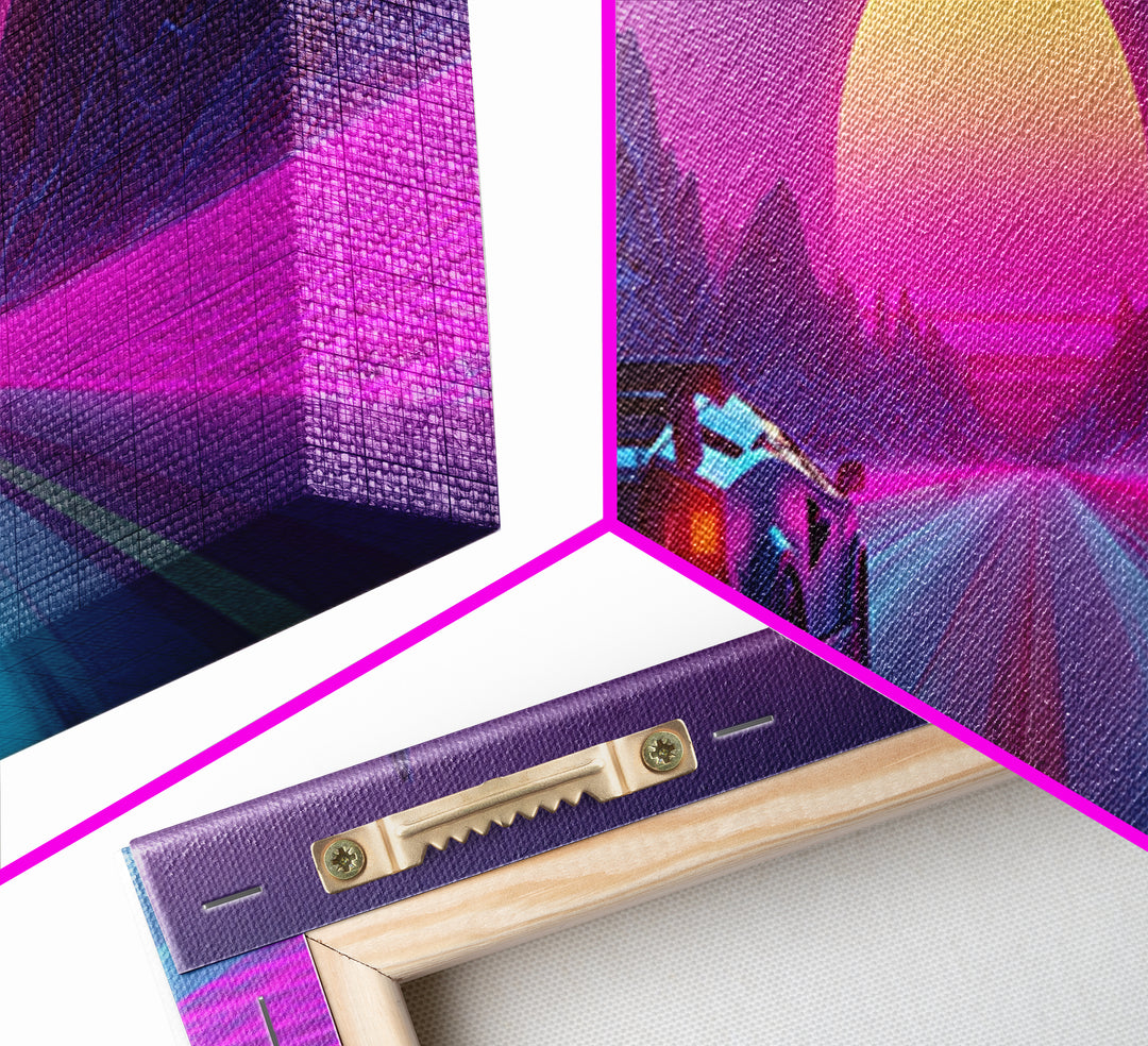 Neon Sports Car On Synthwave Highway Canvas Print, Retro Futuristic Wall Art, Cyberpunk Decor, Vaporwave Gaming Room Art