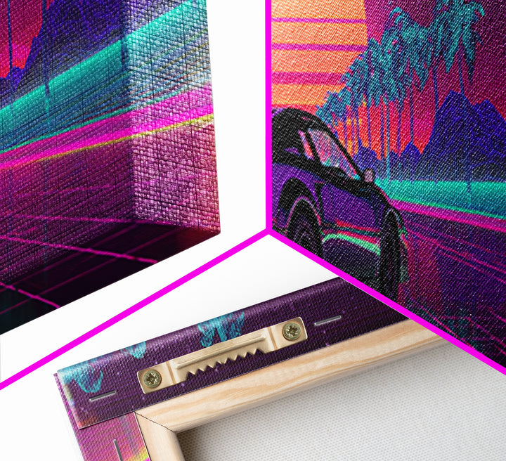 Vaporwave Sports Car Under Neon Palms Canvas Print, Retro Futuristic Wall Art, 80s Synthwave Decor, Gamer Room Poster, Modern Wall Decor