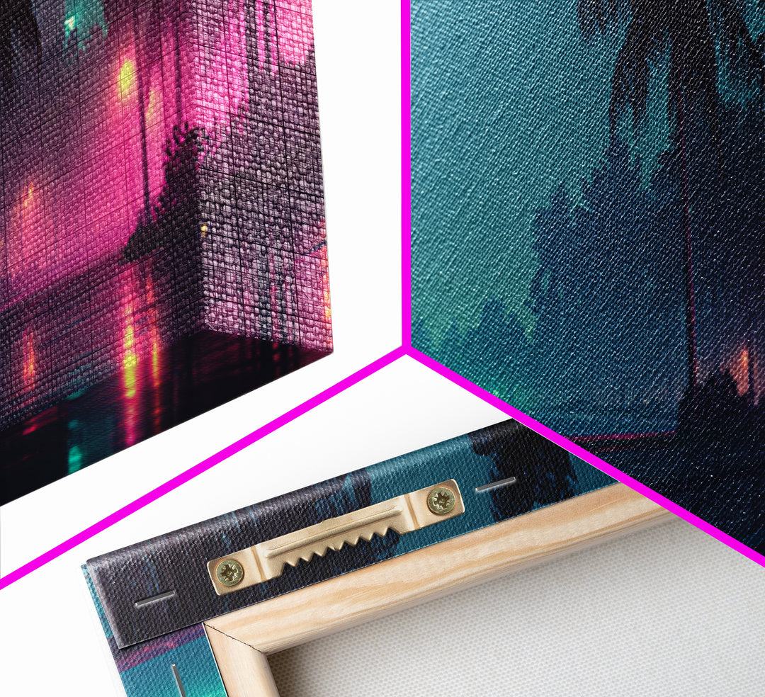 Neon Cyberpunk Sports Car Wall Art, Rainy Palm City Canvas Print, Futuristic Vaporwave Decor, Modern Gaming Room Gift For Him