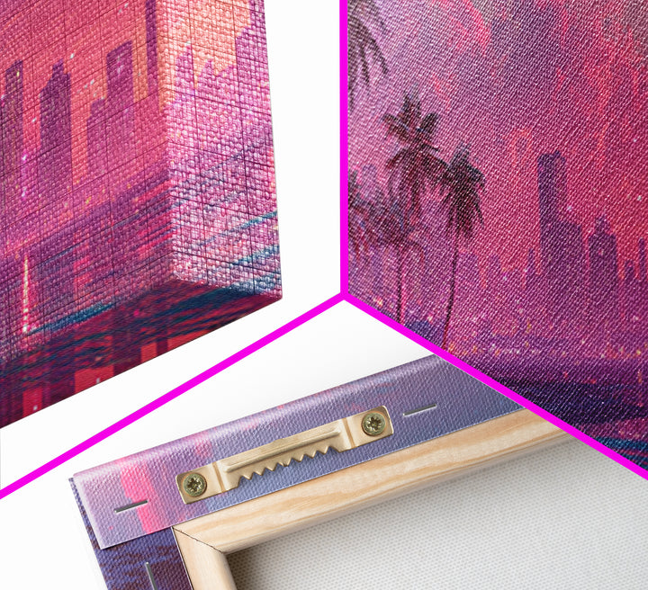 Pink Coastal City Beach Wall Art, Palm Skyline Canvas Print, Tropical Ocean Decor, Miami Style Poster, Modern Living Room Decor