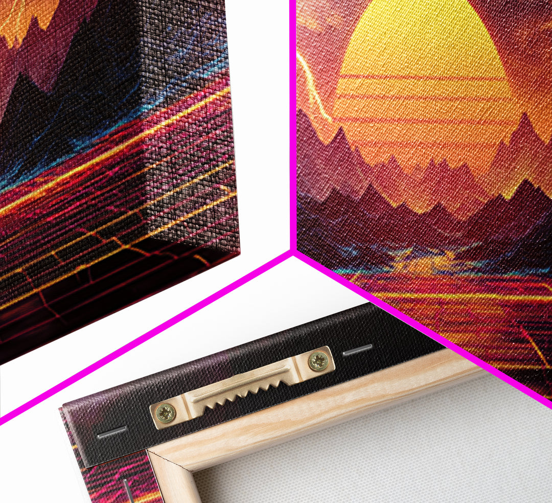 Neon Storm Mountains With Grid Sunset Wall Art, Retro Futuristic Canvas Print, Lightning Landscape For Gaming Room Decor