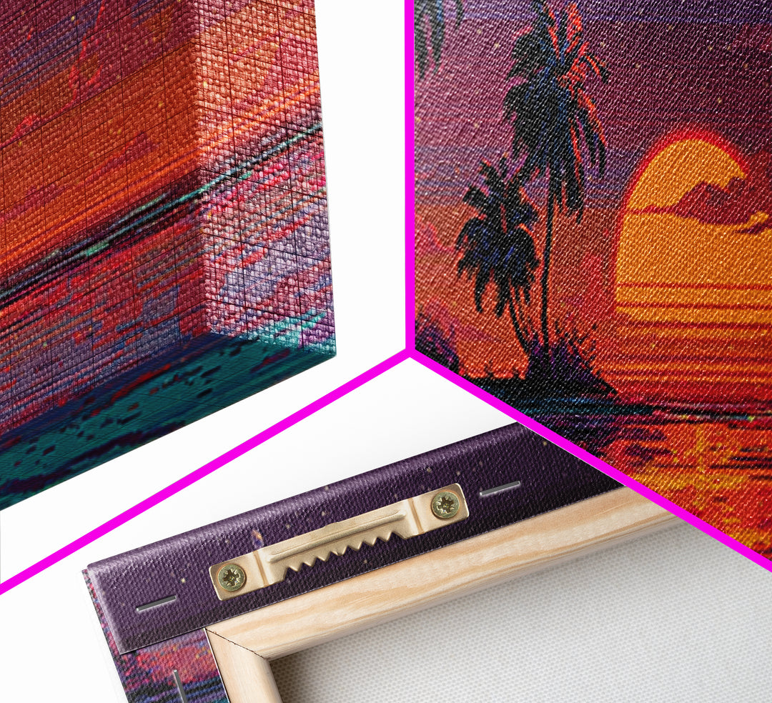 Pixel Tropical Island Wall Art, Sunset Palm Trees Over Ocean, Vibrant Retro Coastal Decor, Beach House Panoramic Canvas Print